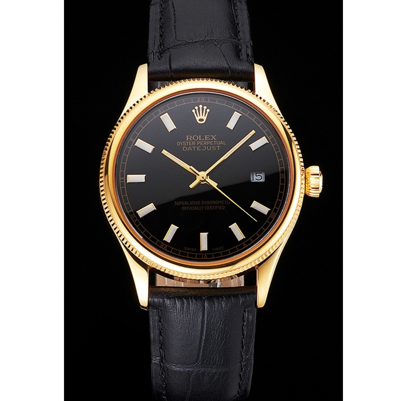 Aaa replica Swiss Strap Black Leather Dial Case Datejust Black Gold Rolex 0707